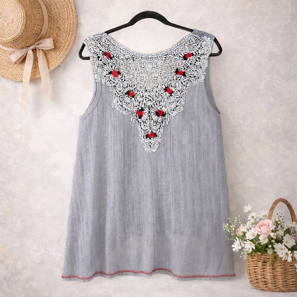 Anthro‎ Nick & Mo Crochet Lace Back Distressed Tank High Low Linen Tunic Top M